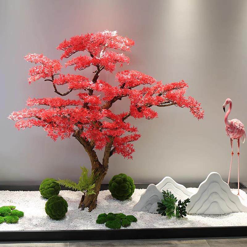 新中式仿真松树红色迎客松假树植物摆件客厅玄关装饰酒店大厅造景