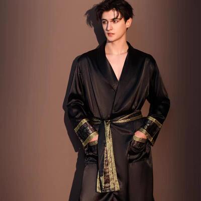 高档睡衣男士真丝春秋款长袖居家服休闲大尺码男睡袍长版桑蚕丝套