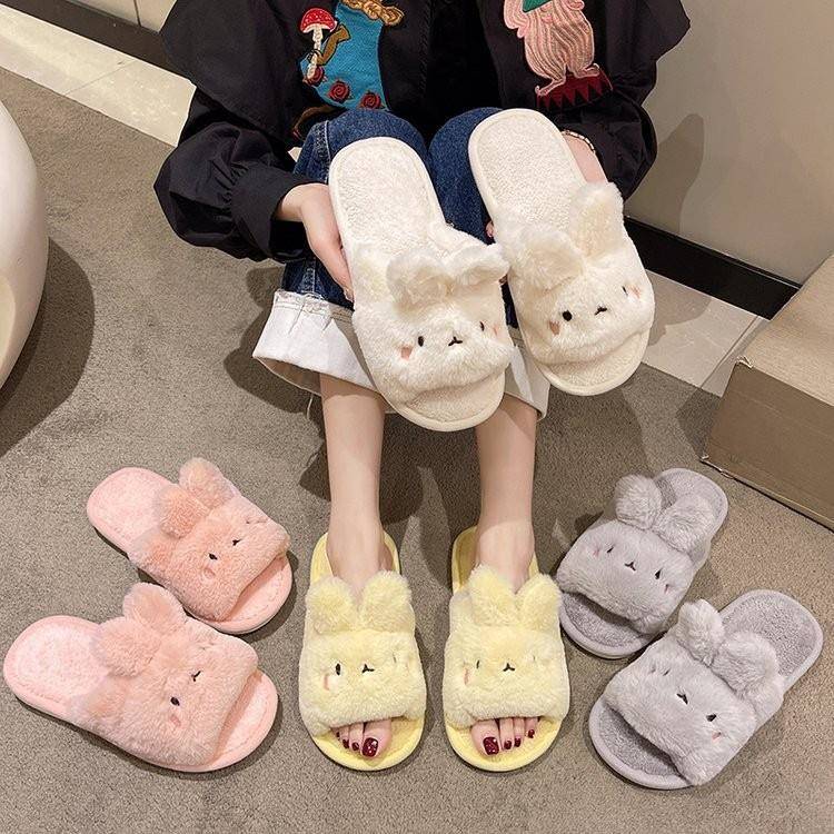 卡通可爱小白兔棉拖鞋女秋冬室内防滑毛毛加厚舒适卧室露趾拖鞋