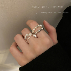 冷淡风不规则链条珍珠戒指女小众，设计复古法式食指戒套装开口指环