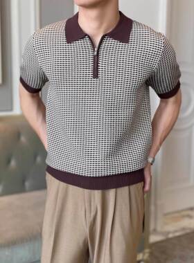 Upscale潮人 夏季冰丝凉感男士撞色拉炼polo衫休闲复古华夫格短袖