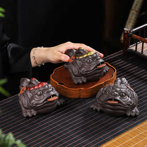 茶宠摆件精品高档招财金蟾紫砂茶宠摆件茶玩可养手工功夫茶具茶盘