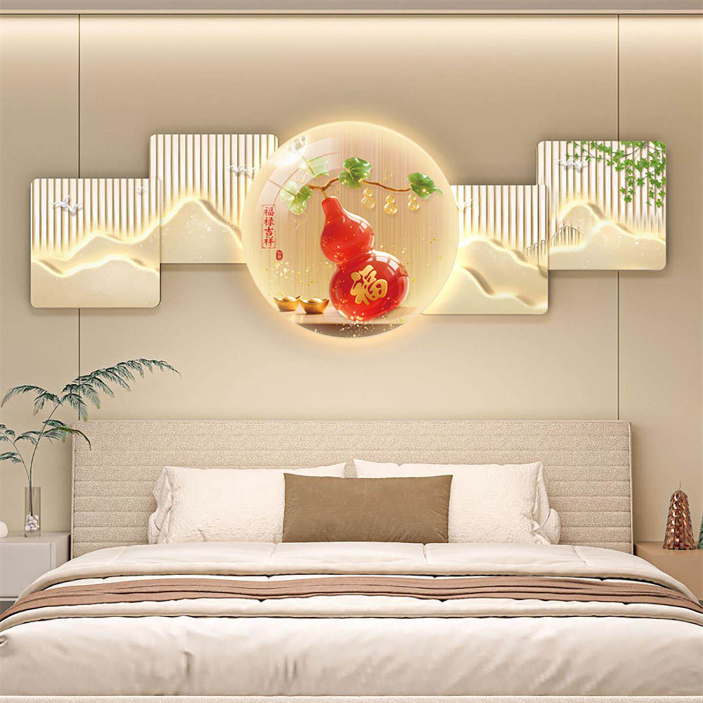 卧室墙面装饰画主卧床头背景墙上方挂画发光灯画主卧室温馨墙壁画