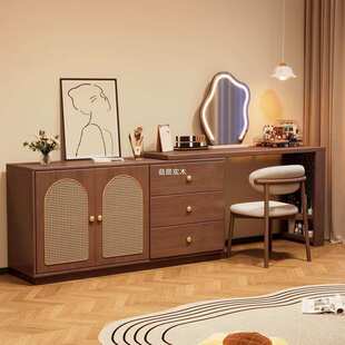 中古风实木梳妆台化妆桌斗柜一体新款可伸缩简约现代卧室化妆桌