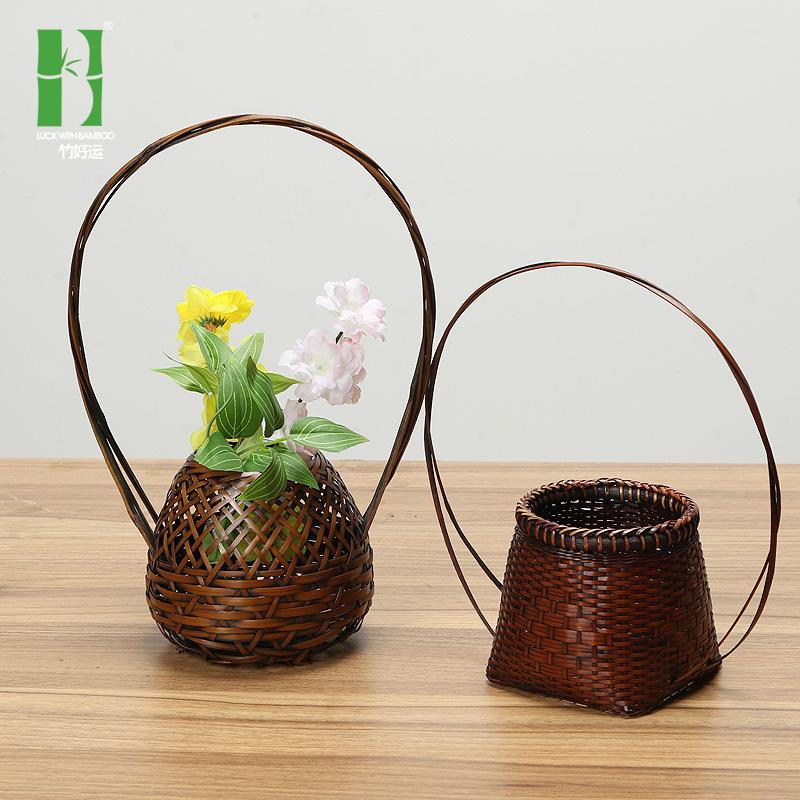 竹编手提花篮 干花篮工艺编织收纳篮子 藤编客厅装饰花器工厂