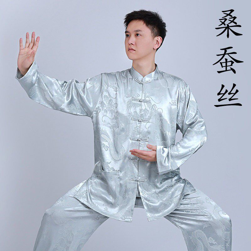 香港透气太极服男款新款桑蚕丝太极拳练功服唐装春秋夏季八段锦服