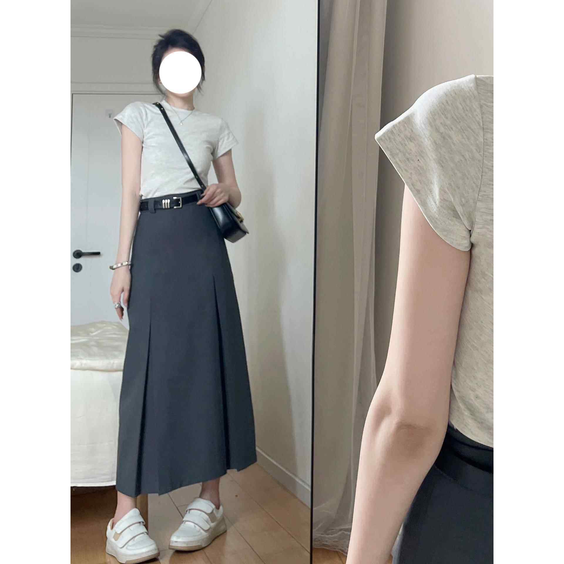 秋季西装裙半身裙学院风灰色西装百褶大码胖妹妹mm高腰遮胯显瘦裙