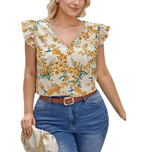 Women's ruffled sleeve collar printed shirt