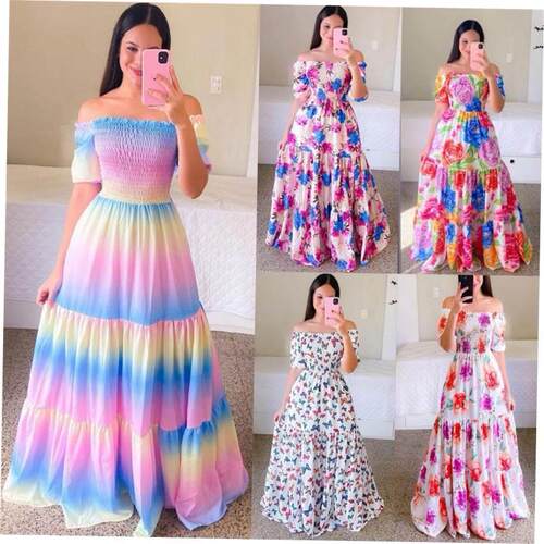 floral off shoulder long skirt summer dress women欧美连衣裙