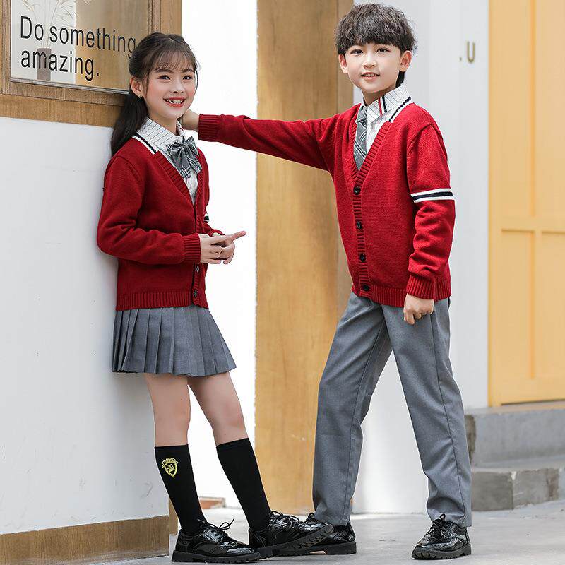 小学生校服英伦风幼儿园园服jk制服秋冬儿童红色毛衣开衫班服套装