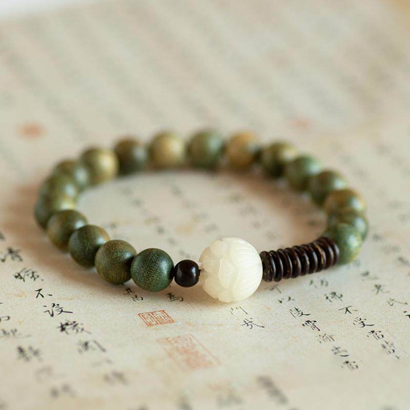 绿檀木白菩提莲花佛珠手串民族风手串女檀香文艺情侣手饰品送闺蜜