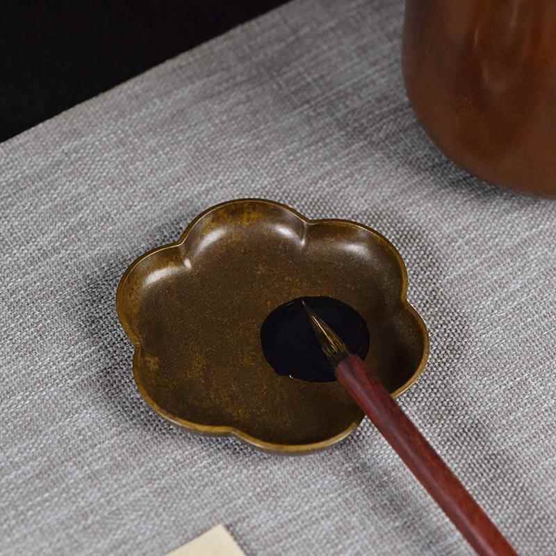 高档东意文房调 黄铜葵花毛笔墨碟国画法台笔舔墨墨汁色盘墨盒笔