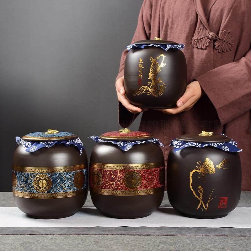 复古紫砂大号茶罐家用红罐茶白茶黑普洱叶储存富贵紫砂罐陶瓷茶密