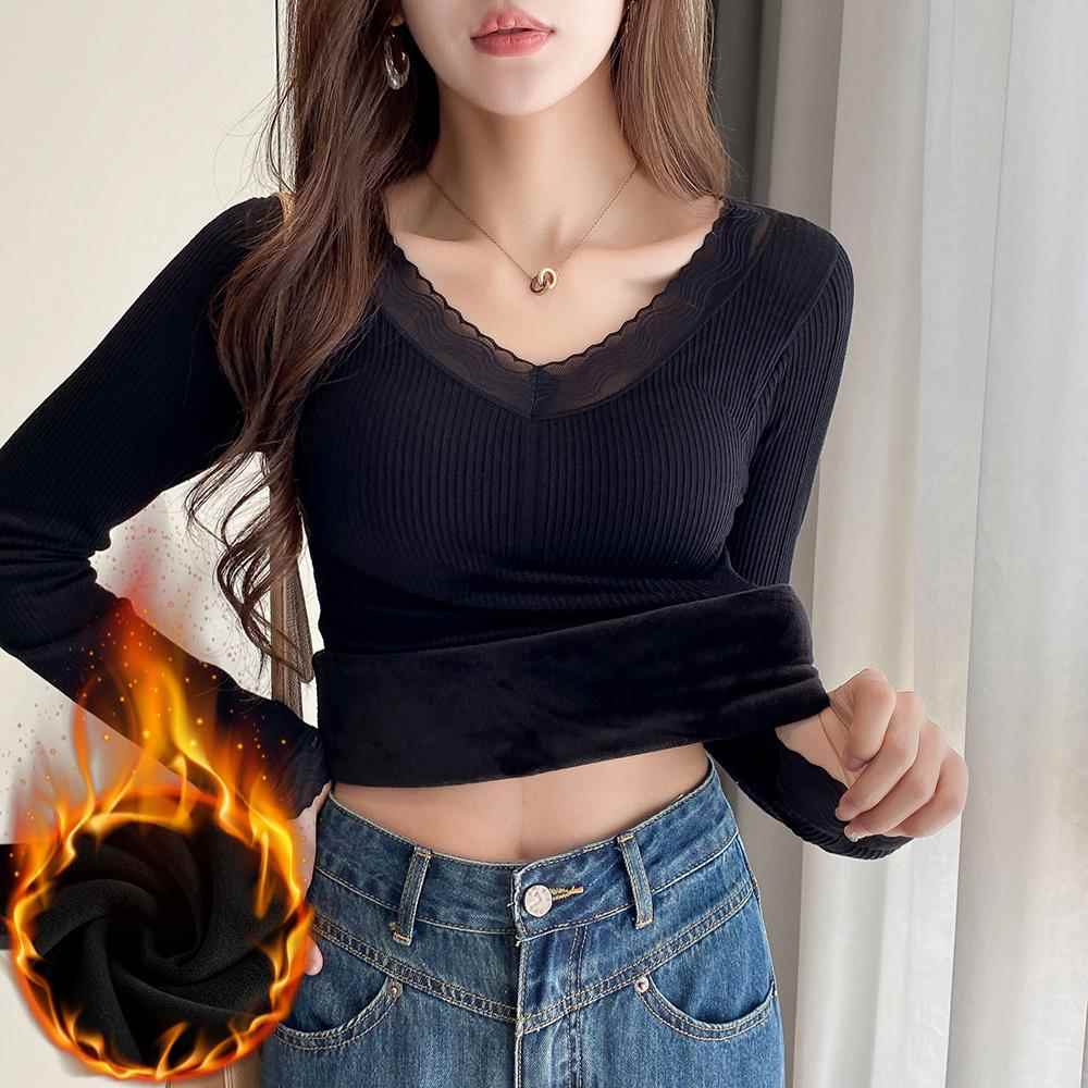 保暖上衣女秋蕾丝拼接V领带胸垫内衣加厚长袖打底衫秋衣潮1030e