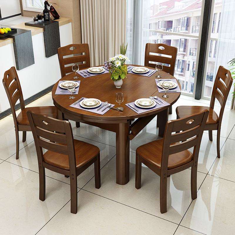 中合式实木餐桌椅组LZR代简约伸缩折叠圆餐形桌现饭桌小户型家具