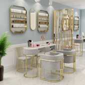 出口日式 简约大理石收纳一体美甲桌双层铁艺金属单双人美甲台套装