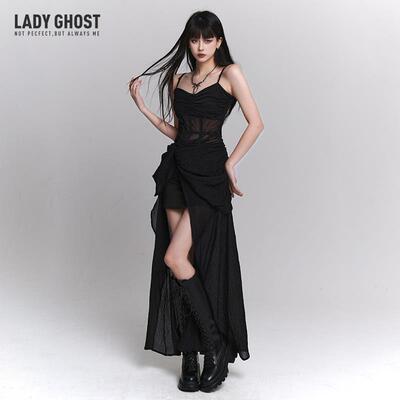 幽灵少女黑色纱裙吊带洋装不对称长裙子晚礼服裙性感御姐风穿搭
