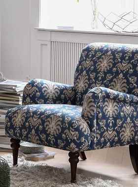 美式复布艺老椅田园风格虎蓝色碎花单人沙发古客厅木卧室实EMZ单
