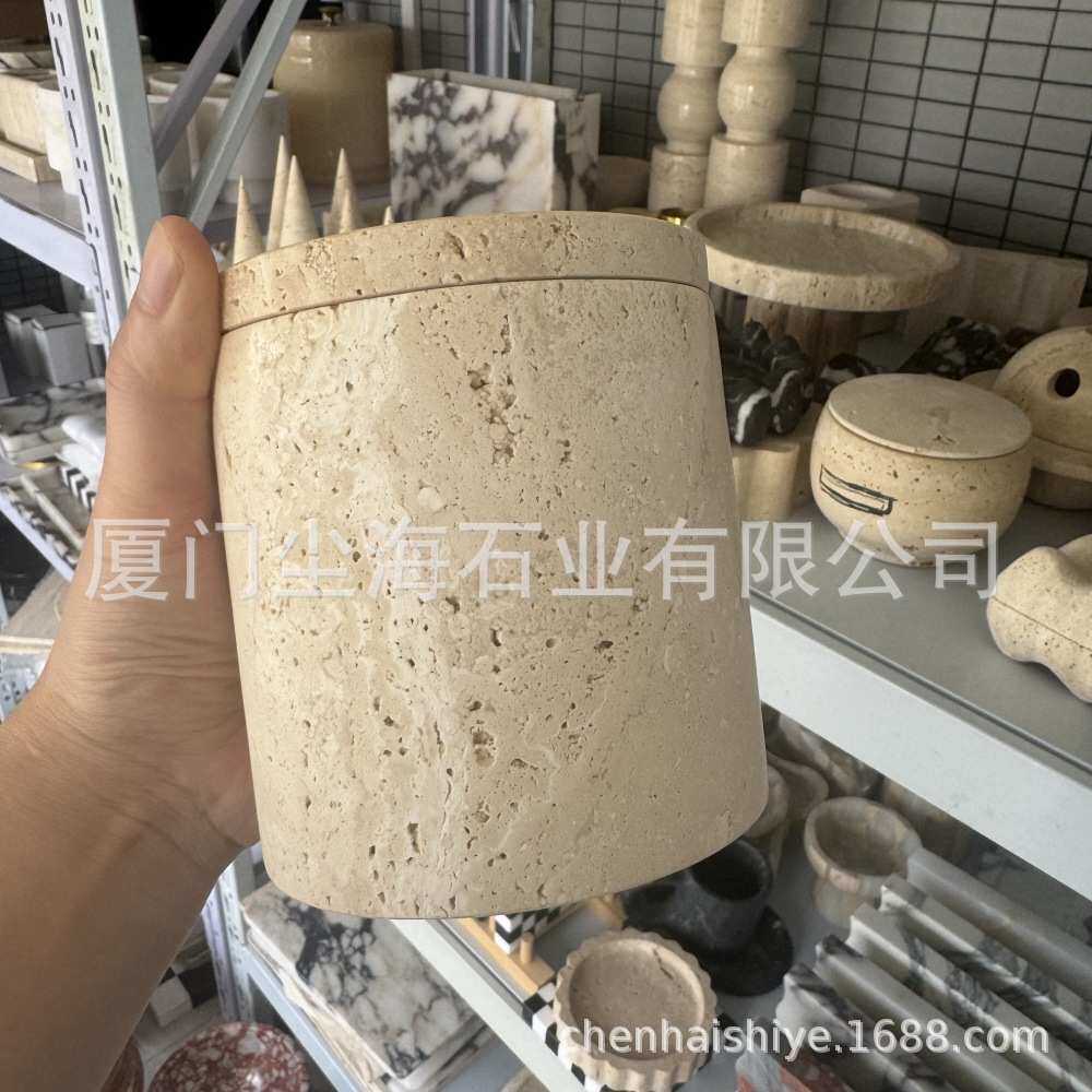 复古天然洞石带盖收纳盒设计摆件家居酒店桌面棉签盒储物罐装饰品
