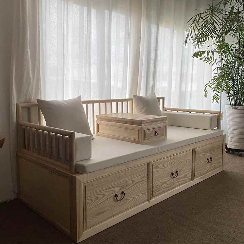 推拉款储物罗床新中MY188式实木小型家汉用户沙发白蜡贵妃床伸缩