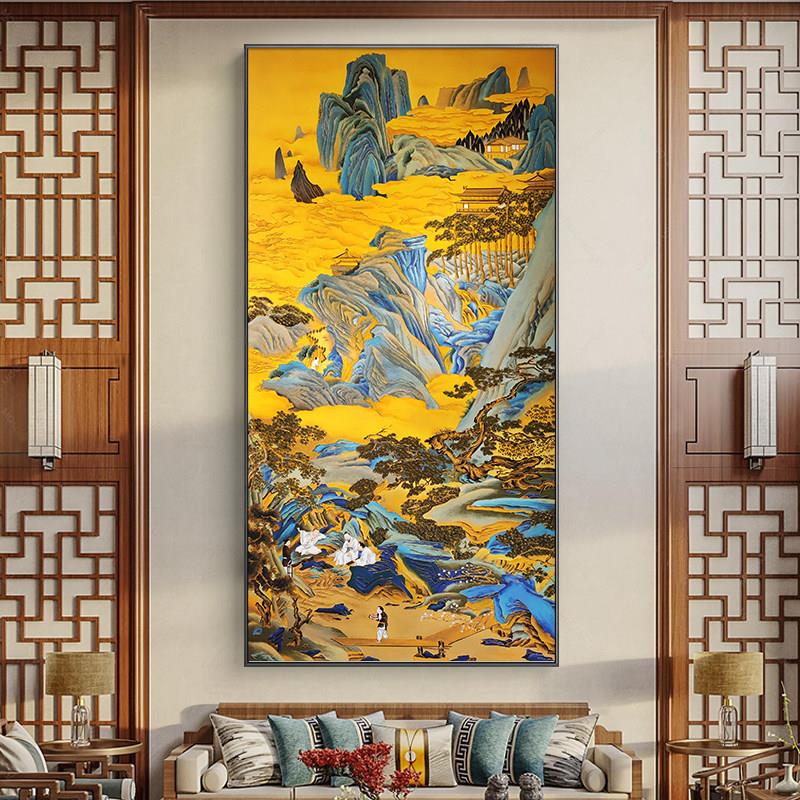 新中式掐丝珐瑯彩工艺画入户玄关装饰画竖版仙境风景客厅别墅挂画