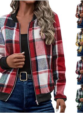 Women's Plaid Print Zip Up Bomber Jacket, Casual Long Sve