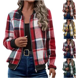 Women's Plaid Print Zip Up Bomber Jacket, Casual Long Sve