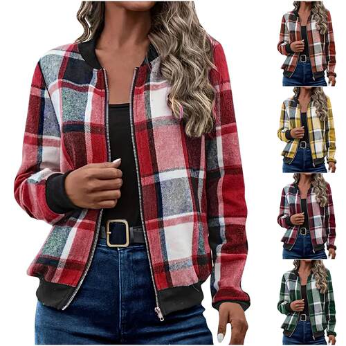 Women's Plaid Print Zip Up Bomber Jacket, Casual Long Sve