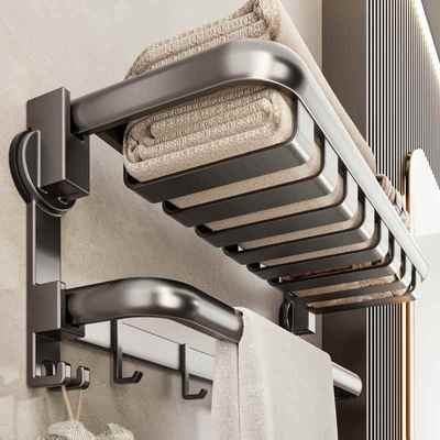 吸盘毛巾架免打孔卫生间太空铝一体壁挂式厕所浴室收纳浴巾置物架