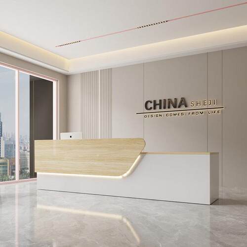 银柜台约代轻奢公司前台桌接待台烤漆简美容店机收构现粉色转角吧