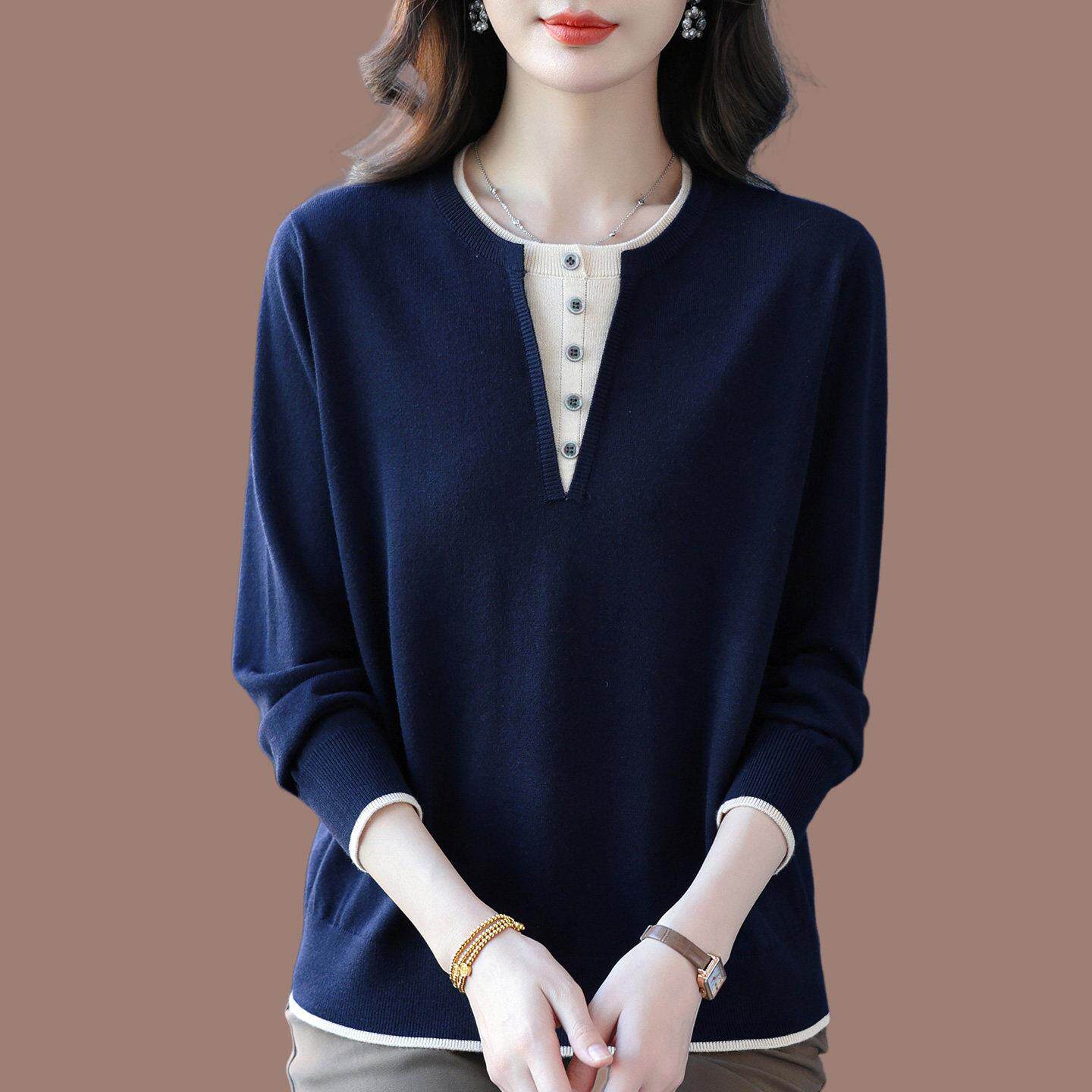 2026新款假两件针织衫女桑蚕丝圆领长袖T恤妈妈装宽松显瘦打底衫