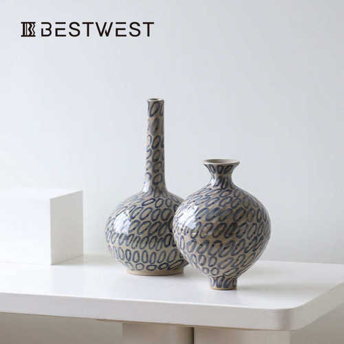 Best west 大丹陶瓷新中式侘寂风花瓶摆件客厅插花陶罐样板装饰品