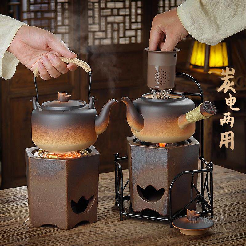 棉小城炭电两用柴烧六角碳炉复古烧水壶家用陶土炭火炉煮茶侧把壶