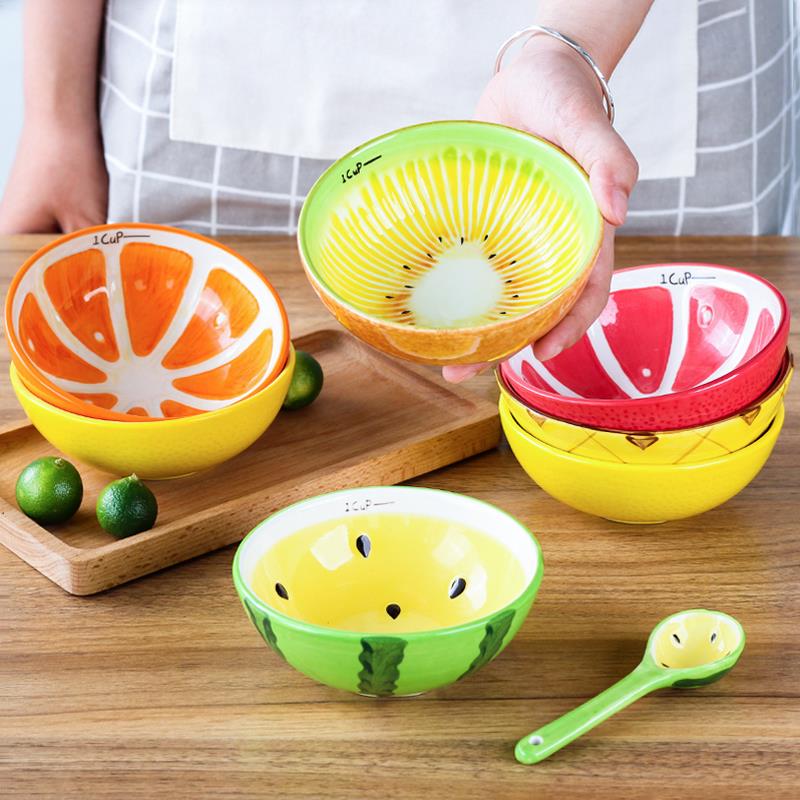 儿童餐具饭碗套装家用专用陶瓷吃饭碗勺小孩可爱水果碗草莓西瓜