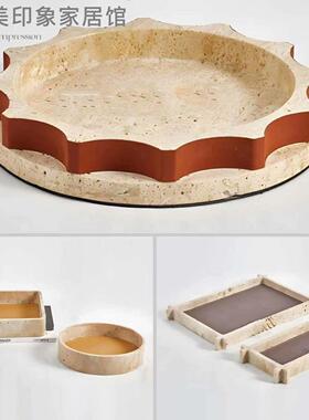 现代中古大理石皮革托 托盘收纳盘马毛摆件摆盘饰品桌面装饰品样