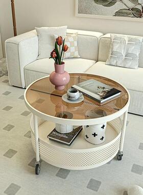奶油小圆形约小户型家发用客厅NTO网简沙玻璃边几轻奢移动圆桌红