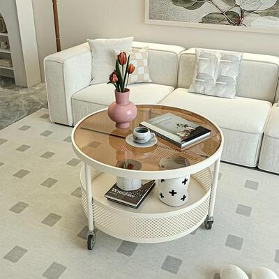 奶油小圆形约小户型家发用客厅NTO网简沙玻璃边几轻奢移动圆桌红