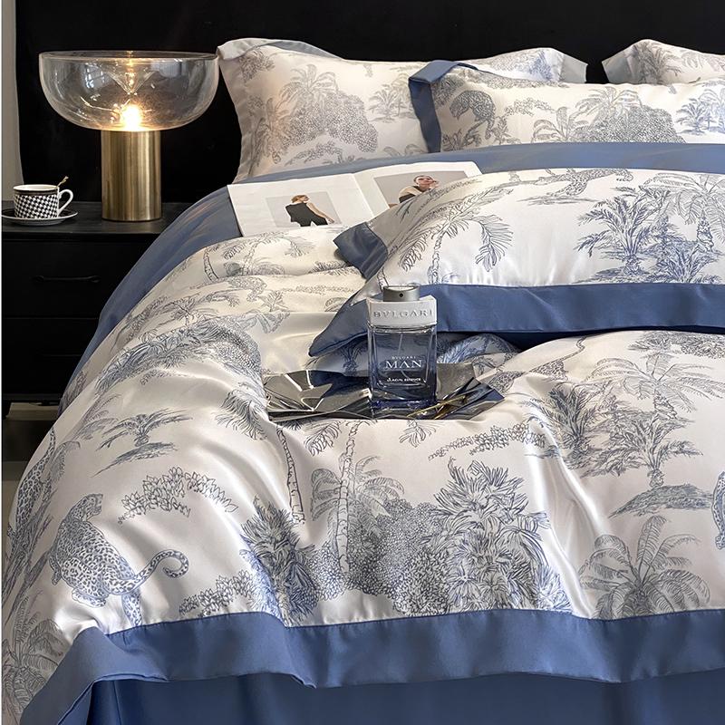 四简约欧风笠四季裸睡被套北夏季冰天丝床床上件套床单水洗欧式丝