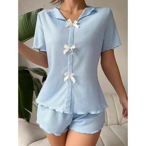 Women Bow Shorts Pyjama Set Casual Comfy Sleeve shirt PJ