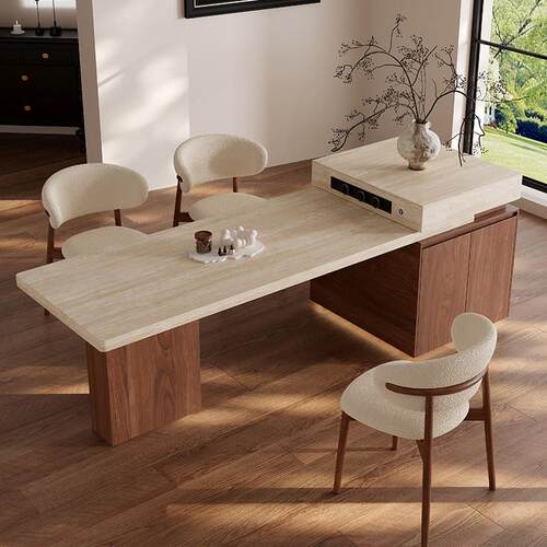 下挂岩板岛台餐桌一体可伸缩家用中古风胡桃色开 放厨房饭厅中岛