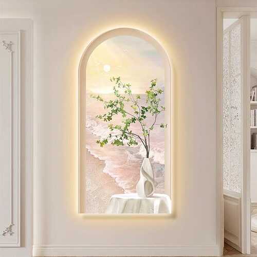 走廊粉色风入户奶油入门拱形玄关过道大海装饰画挂画客厅