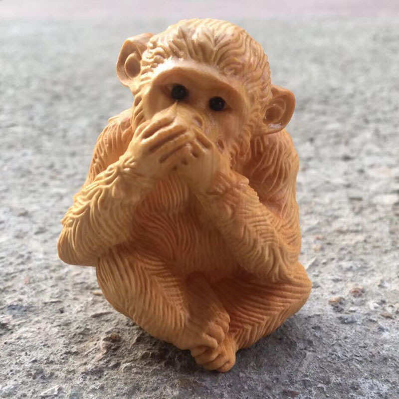 猴三 摆件车载不小动客厅物文玩木雕工艺品崖柏饰木质 创意摆家居