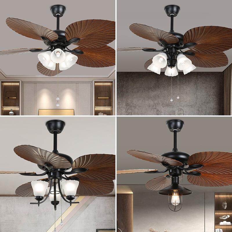 美式客厅吊扇灯餐厅复古工业风创意卧室芭蕉叶变频一体吊灯带风扇