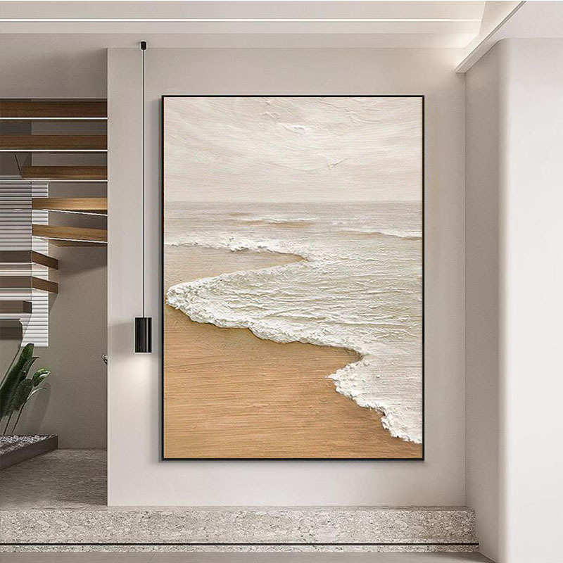 纯手绘油画沙滩海浪客厅装饰画现代玄关卧室挂画丙烯石英砂立体画图片