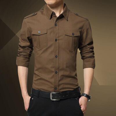 潮牌2525男长袖韩版时尚潮流修身休闲军旅风秋装款衬衣服户外工装