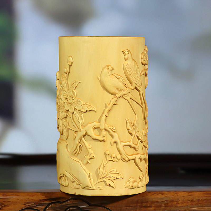小叶黄杨木雕刻鸟语花香笔筒家居饰品办公书桌工艺品中式文玩摆件