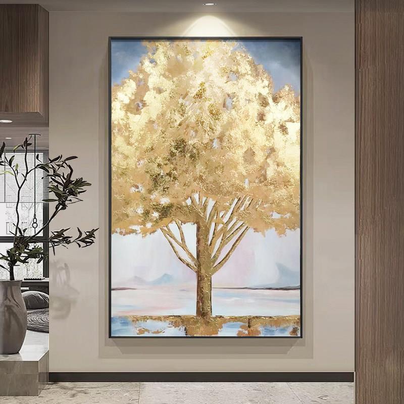 纯手绘油画金色发财树玄关挂画现油画