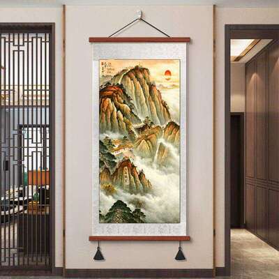 画山水画客厅挂高山流水玄关装饰画轴办公OOK国室背画景墙竖版卷