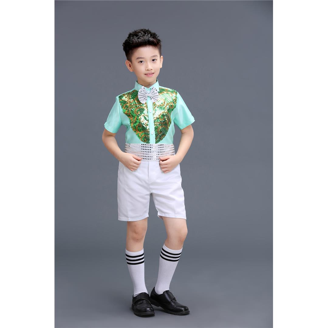 高档生儿童表演服装男童背裤演出服孩亮片男舞蹈小带学六一大合唱