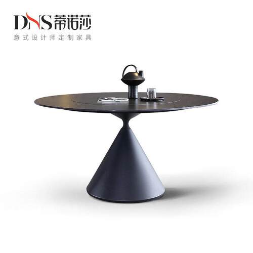 德利丰岩板圆餐桌内嵌转盘设计师创意意式圆形纯黑色飞碟岩板餐桌